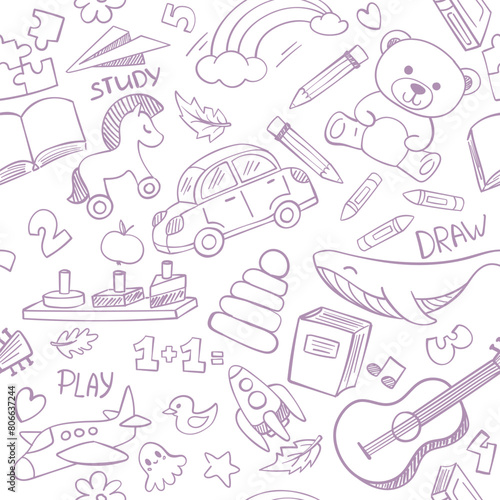 Seamless pattern for children with wooden toys and games. Educational and learning logic toys for preschool kids. Montessori system for early childhood development, sorters. Vector Illustration 