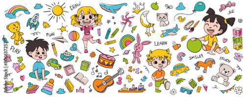 Kindergarten doodle set. Cute daycare hand drawn vector illustrations with toy, animal, activities, hopscotch. Childish cute preschool and school activity, education doodle background. © Foxelle
