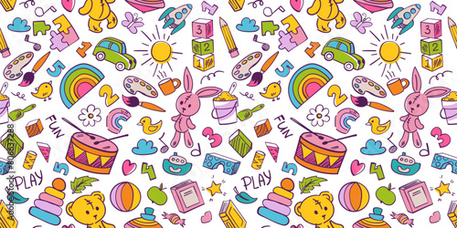 Kindergarten doodle set. Cute daycare hand drawn vector illustrations with toy, animal, activities, hopscotch. Childish cute preschool and school activity, education doodle background. © Foxelle