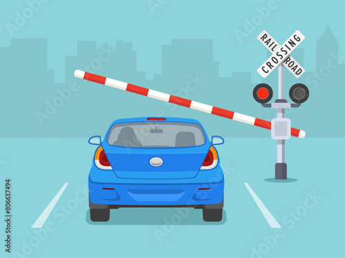 Safety driving rules and tips. Car stopped at railroad crossing when barrier starting to close. Back view. Flat vector illustration template.