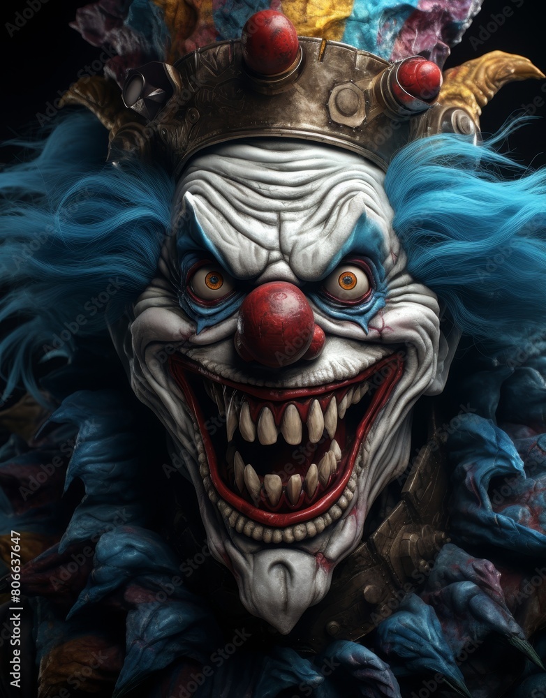 Creepy clown with glowing eyes and sharp teeth Creepy clown with glowing eyes and sharp teeth