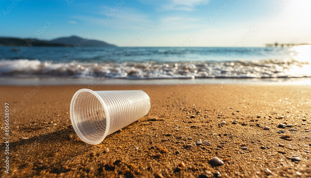 A plastic cup thrown on the beach, pollution concept A plastic cup thrown on the beach, pollution concept
