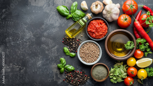 A variety of vegetables and spices are displayed on a countertop