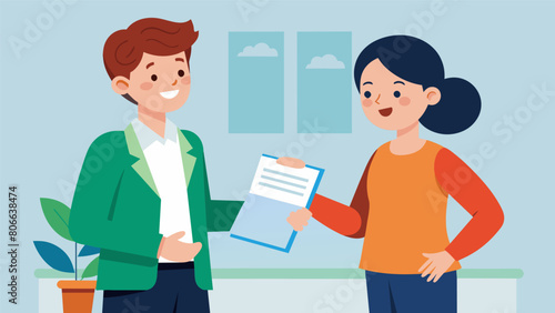 After they went through all the terms and conditions the loan officer handed the student a brochure with a summary of everything they discussed.. Vector illustration