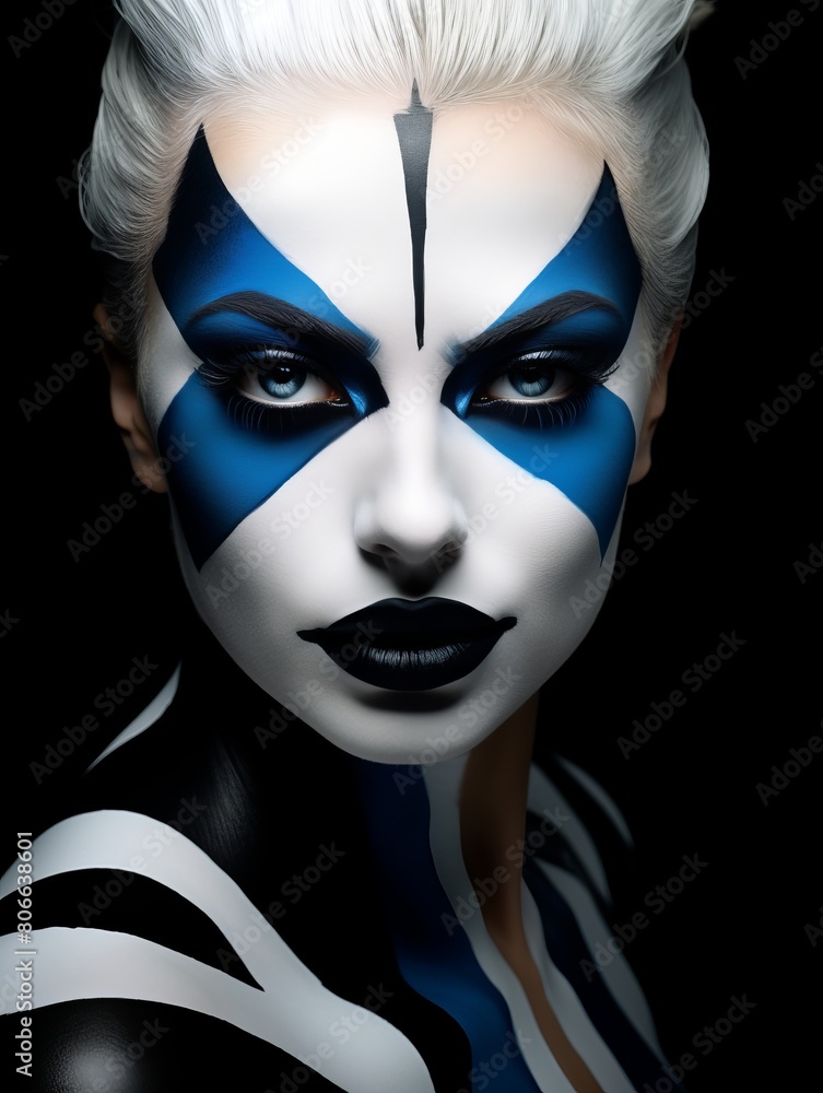 dramatic face makeup with blue and black design dramatic face makeup with blue and black design
