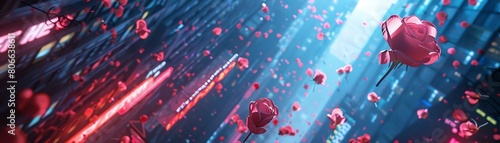 Craft a digital masterpiece showcasing a futuristic metropolis where dreamy romance narratives and fluctuating financial charts coexist Incorporate floating rose petals and neon sk photo