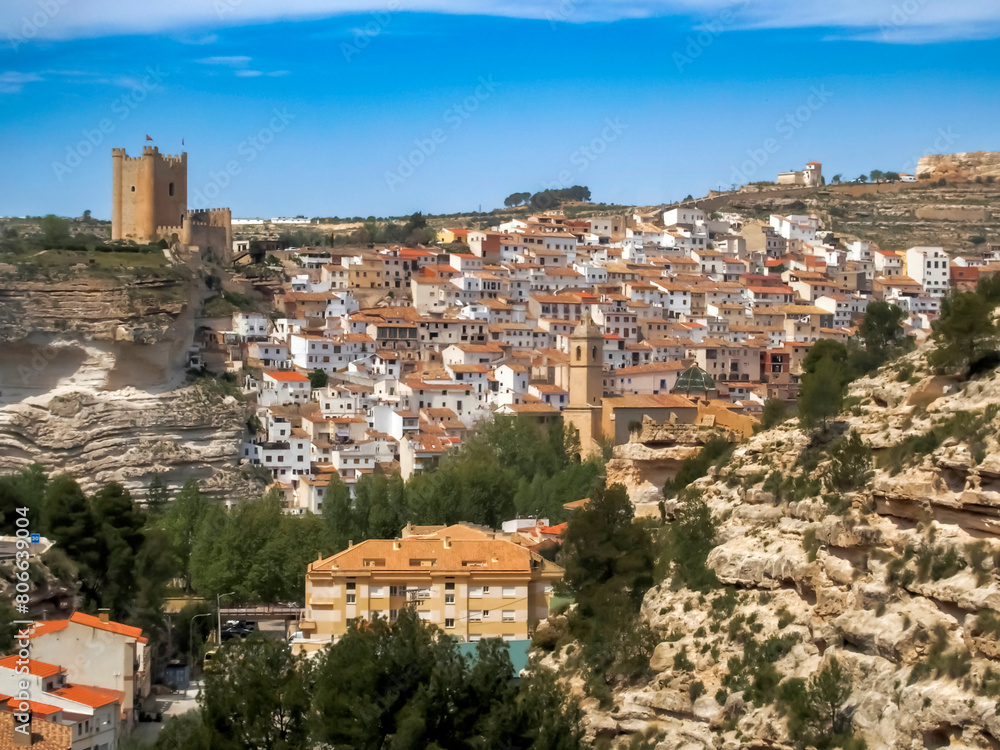 Panoramic view of the beautiful town of Alcala del Jucar. Albacete, Castile la Mancha, Spain.