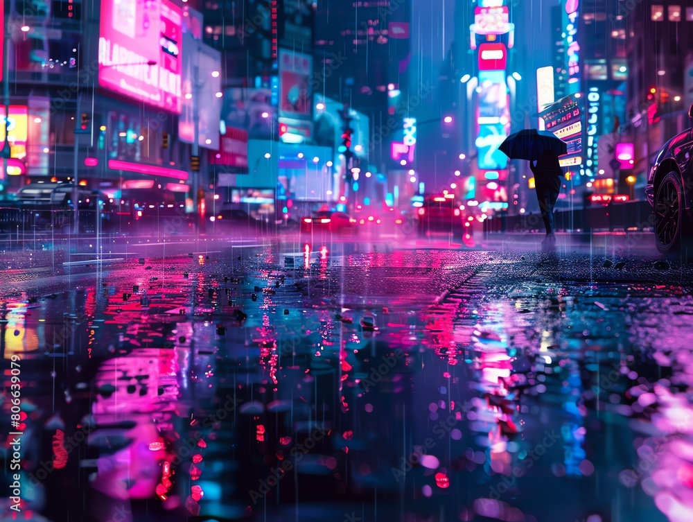 Fototapeta premium neon city lights reflecting in rain-slicked streets, a hacker on a high-tech mission