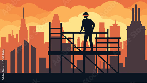 The silhouette of a construction worker standing atop a scaffolding surveying the city skyline in the warm light of a sunset representing the impact. Vector illustration
