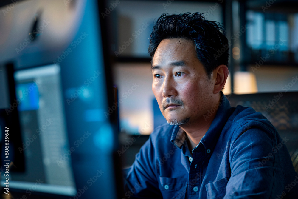 A focused adult male looking at a computer screen set in a moody lit office environment, evoking dedication and deep concentration A focused adult male looking at a computer screen set in a moody lit office environment, evoking dedication and deep concentration