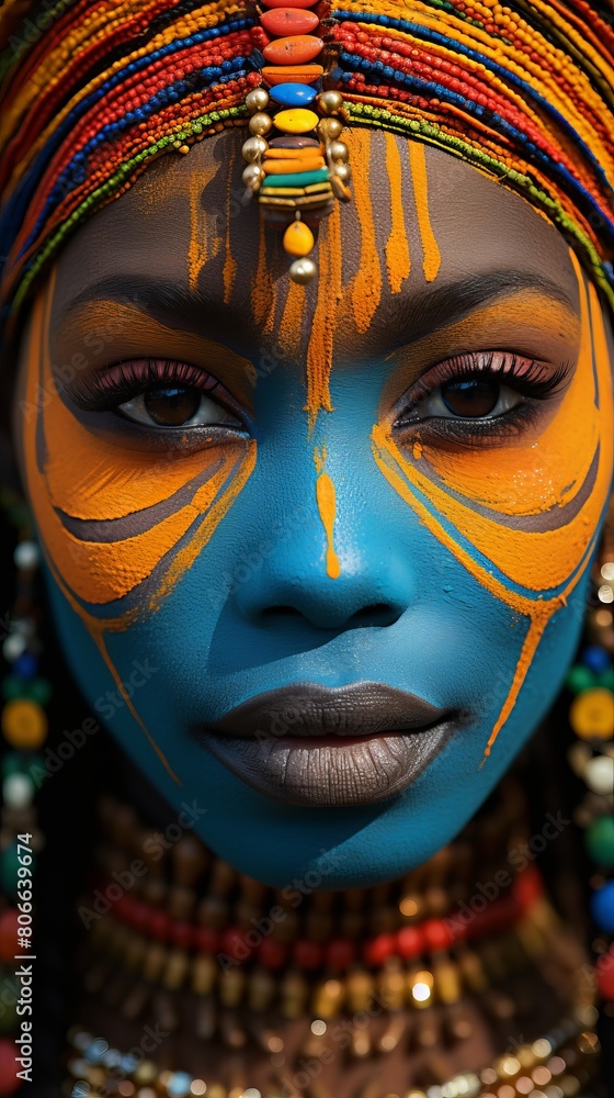 Vibrant tribal face paint and jewelry