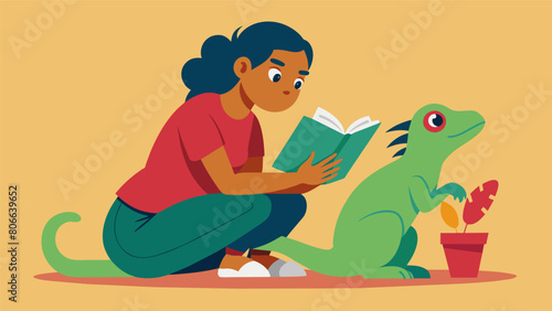 A person softly reading a book to their pet lizard the reptile curiously listening and soaking up the warmth of their owners presence..