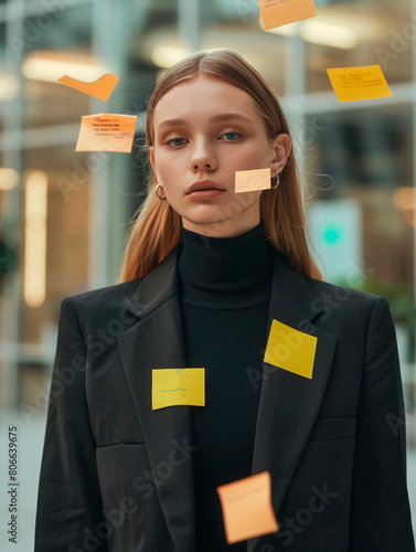 A young woman is covered with various sticky notes on her face and clothes, conveying a concept of multitasking or information overload photo