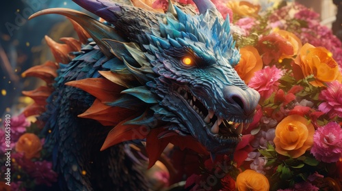 Fierce dragon surrounded by vibrant flowers © Balaraw