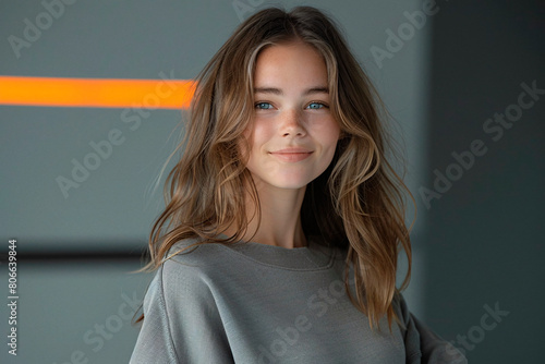 Attractive young woman with blue eyes and wavy hair displaying a charming smile, set against a calm neutral background photo
