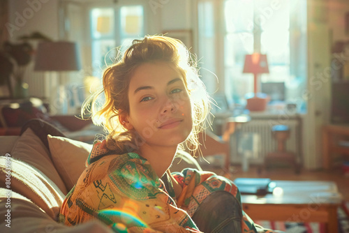 Inviting image of a woman with tousled hair enjoying the natural warmth of morning sunlight in a cozy interior
