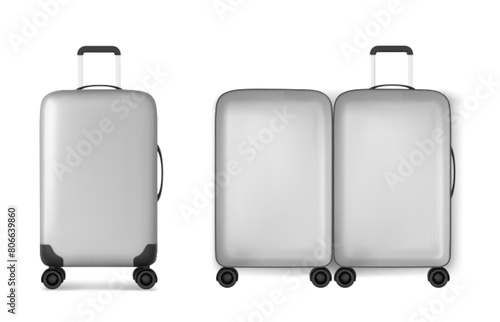 3d travel suitcase. Realistic silver luggage bag. Isolated baggage template icon for vacation trip to hotel. Open business plastic trolley render to carry with black handle and prepare for journey.