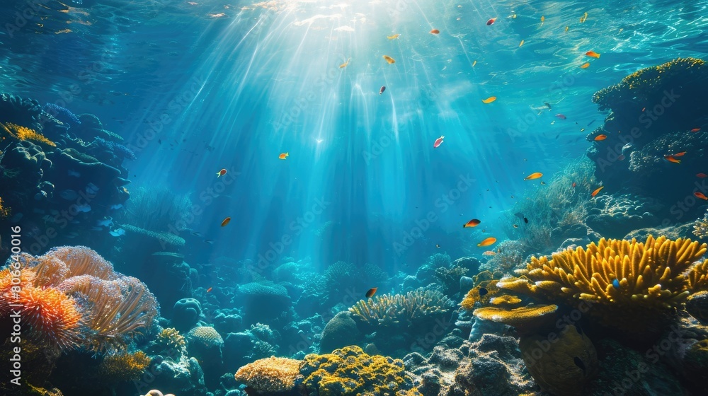 An underwater coral reef scene, diverse marine life, vivid colors, showcasing the beauty and diversity of ocean life. Underwater photography, coral reef ecosystem, diverse marine life,. Resplendent.