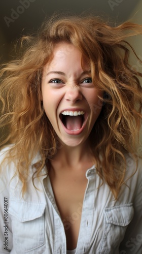 Energetic young woman with wild hair and open mouth