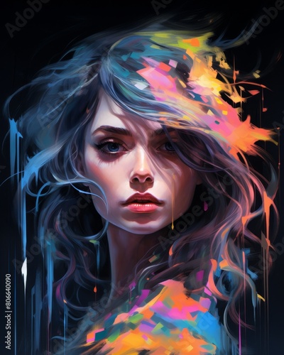 Vibrant abstract portrait of a woman with colorful hair
