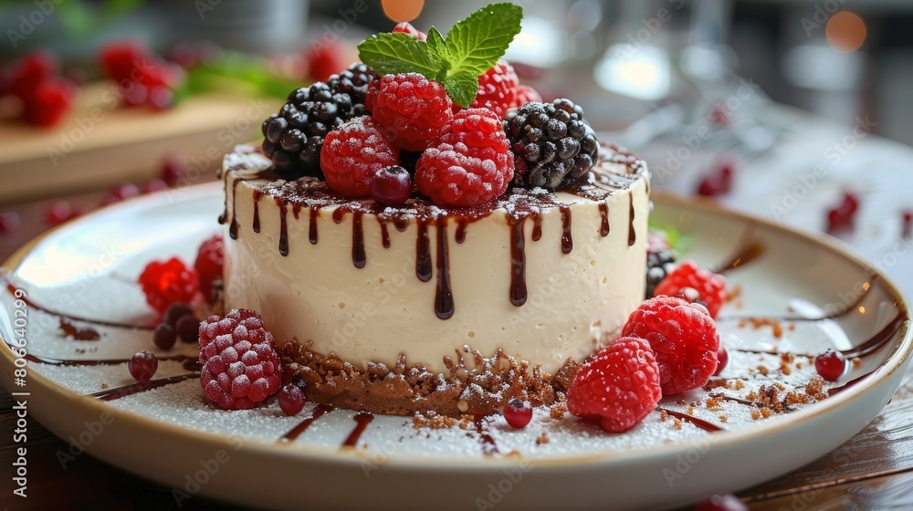 Cheesecake with chocolate sauce topped with delicious strawberries, raspberries, and blueberries. Cheesecake with chocolate sauce topped with delicious strawberries, raspberries, and blueberries.