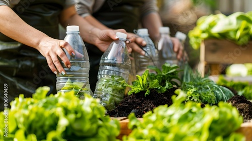 Closeup of young asian woman holding bottle of water and putting fresh green salad seedlings in the garden.

