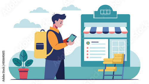 A person with a briefcase and a backpack looking at a class schedule on their phone while standing in front of a restaurant where they work.. Vector illustration