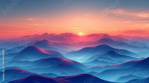 Layered parfait mountains with creamy peaks, blurred dawn sky