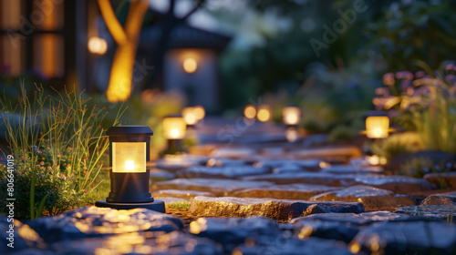 A beautifully illuminated garden path with modern solar-powered lanterns.