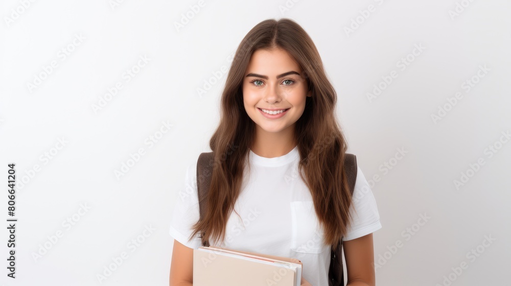 Portrait of Young student woman looking camera with big smile and wearing backpack holding book over isolated white background, learning and educational back to school concept Portrait of Young student woman looking camera with big smile and wearing backpack holding book over isolated white background, learning and educational back to school concept