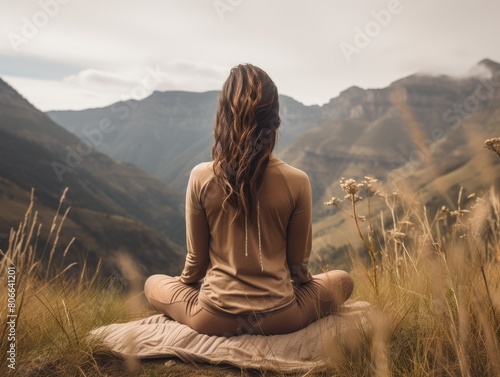 woman meditating in serene mountain landscape