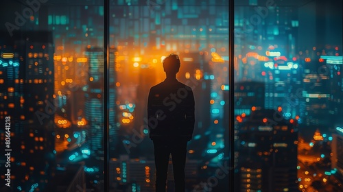 An entrepreneur's silhouette against a large office window at night, symbolizing dedication, with a blurred city lights