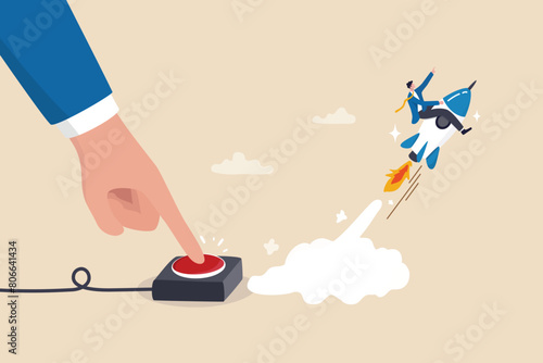 Launch startup rocket, start new business, boost rocket speed to success, begin entrepreneur company takeoff, fast growth corporate concept, businessman hand push start to launch startup rocket. © Nuthawut