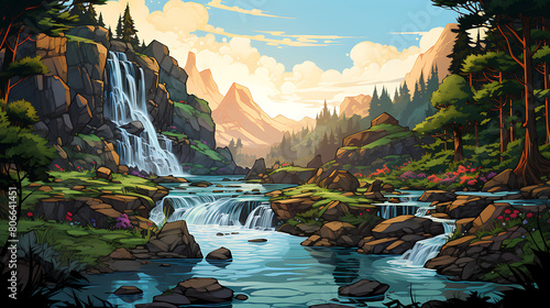 A vector illustration of a waterfall cascading into a pond.