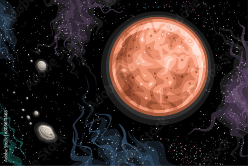 Vector Fantasy Space Chart, horizontal astronomical poster with transneptunian dwarf planet Sedna with brown surface in deep space, cartoon design futuristic cosmo print with starry space background