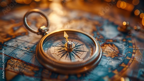 A compass and a map with imaginative destinations, travel creativity, blurred background