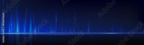 Blue light lines and sparkles on black background. Vector realistic illustration of vertical neon rays shimmering in darkness, magic winter flare effect, nightclub party decoration, concert backdrop