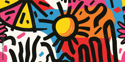 Colourful abstract summer background design. With bight sun and tropical leaves