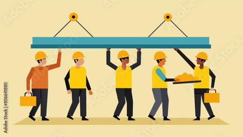 The steel beam is slowly lowered onto a group of workers who hold it steady their bright yellow hard hats contrasting against the metal.. Vector illustration