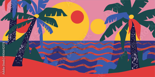 Colourful abstract summer background design. With bight sun and tropical leaves