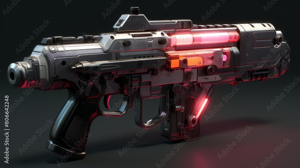 Futuristic sci-fi pistol with glowing red and orange accents