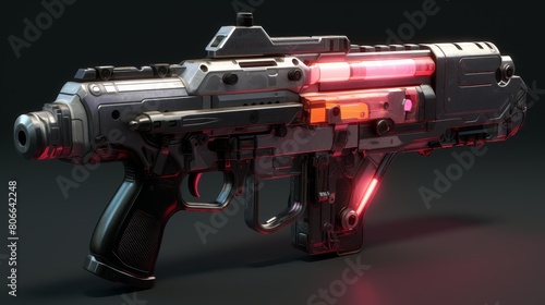 Futuristic sci-fi pistol with glowing red and orange accents