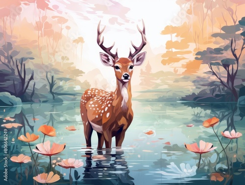 Deer standing in lake surrounded by autumn foliage