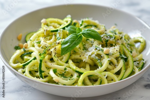 Fresh zucchini noodles with parmesan and pine nuts in a white bowl on a marble table