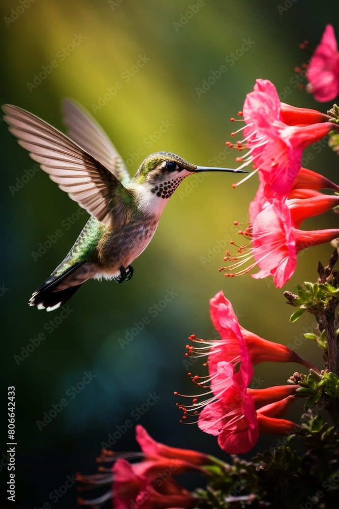 Fototapeta premium hummingbird feeding on red hibiscus flower