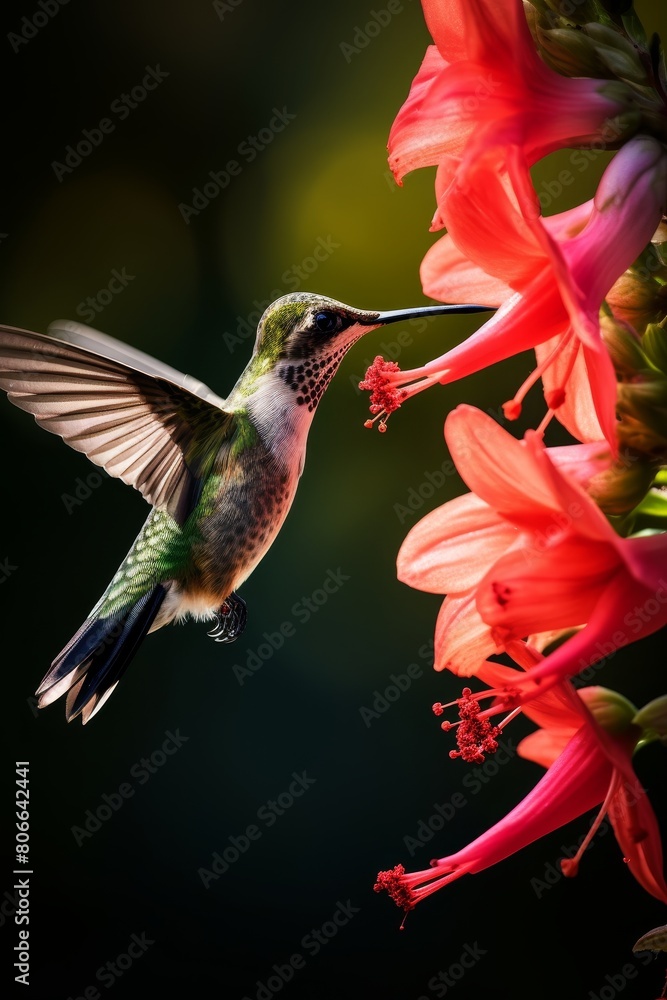 Fototapeta premium Hummingbird feeding on vibrant red flower