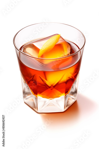 Refreshing Bourbon Manhattan cocktail with vermouth and maraschino cherry garnish isolated on white background photo