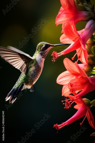 Hummingbird feeding on vibrant red flower © Balaraw