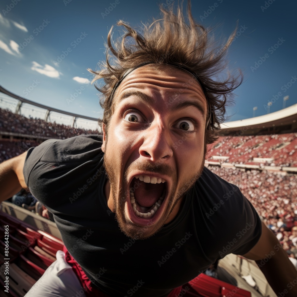 Excited sports fan cheering in stadium Excited sports fan cheering in stadium
