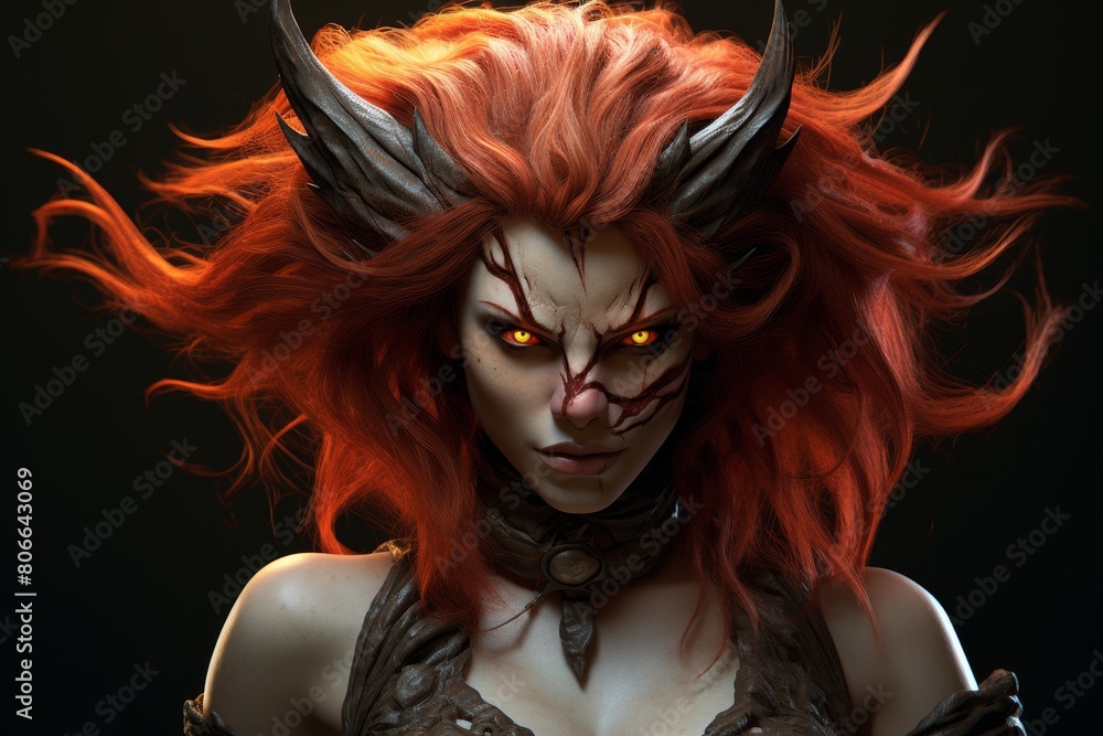 Fiery demonic fantasy character with glowing eyes and wild hair